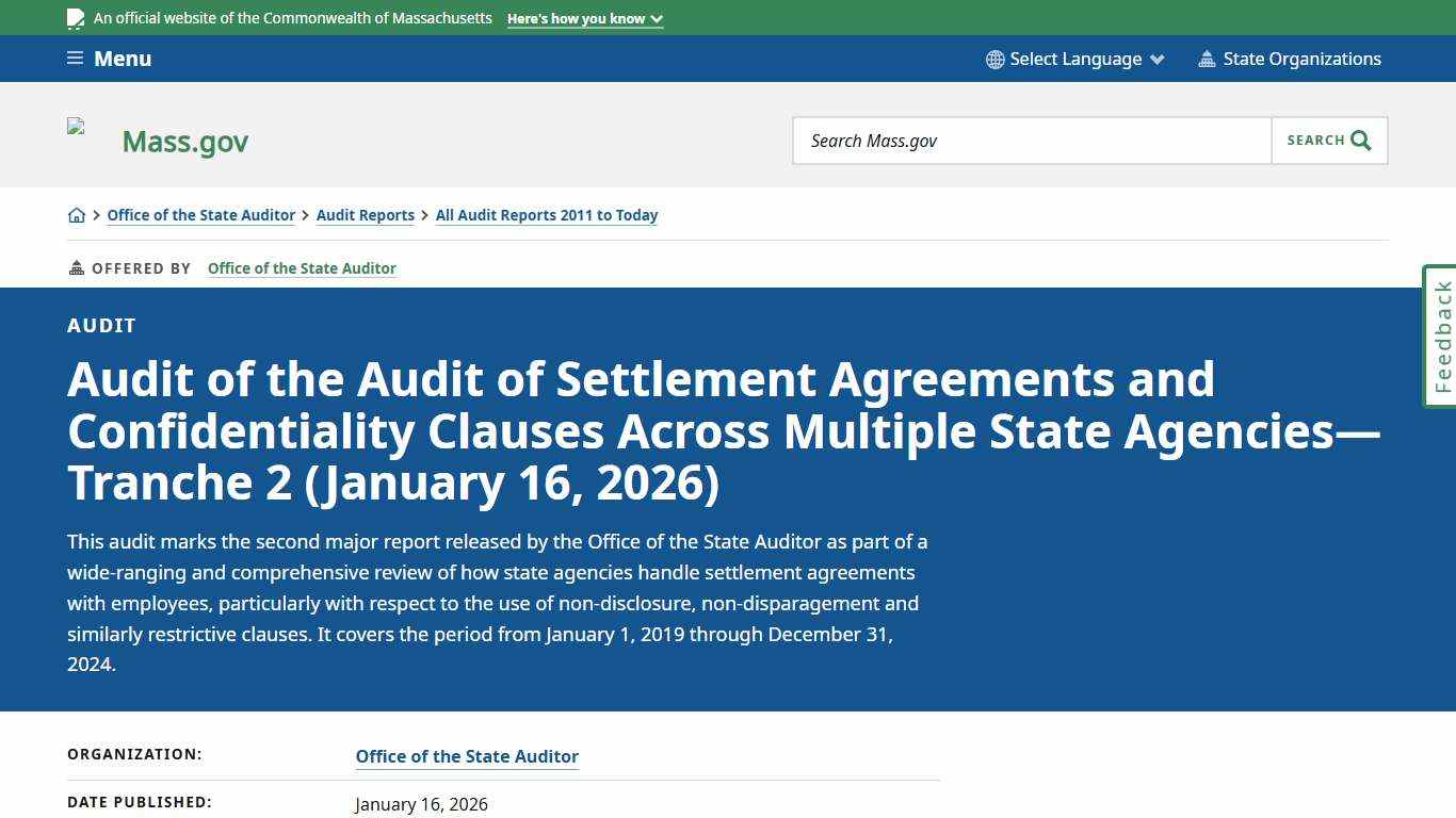 Audit of the Audit of Settlement Agreements and Confidentiality Clauses Across Multiple State Agencies—Tranche 2 (January 16, 2026) Mass.gov